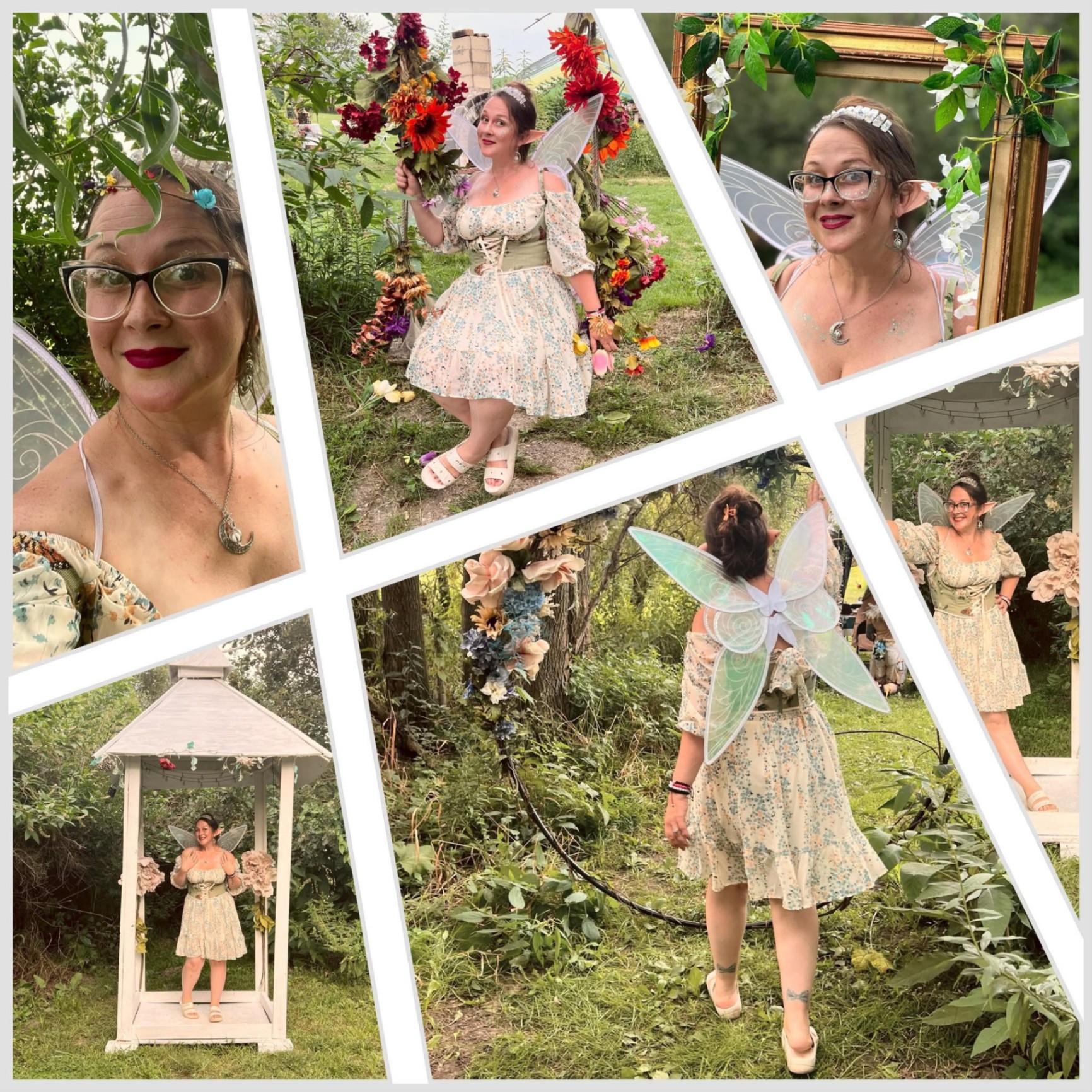 Fairy character with wings, floral crown and elf ears